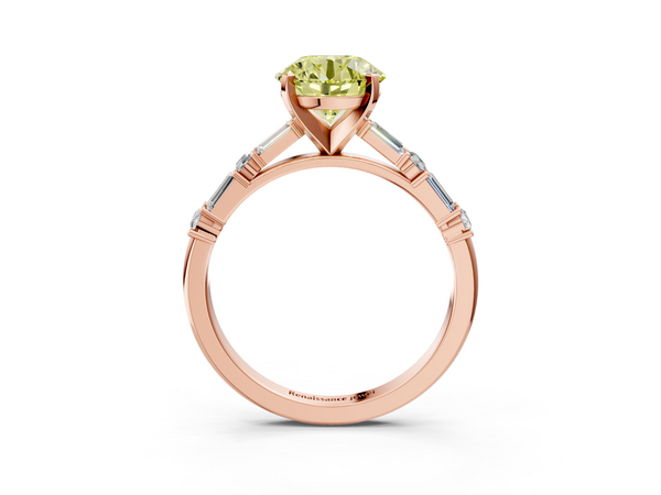 Rose gold Fancy Yellow Round Cut Diamond Solitaire with Side Baguettes and Channel Set Band