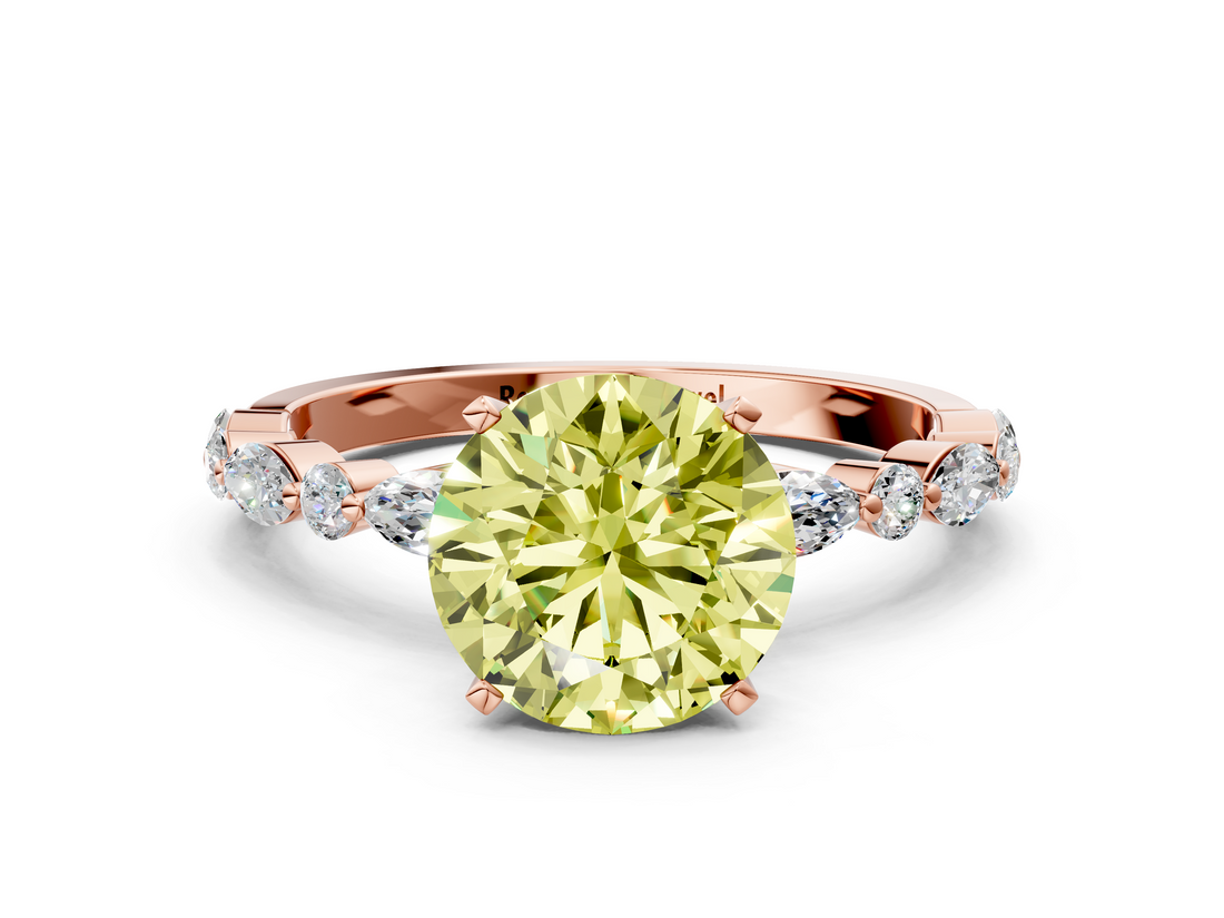 Rose gold Fancy Yellow Round  Solitaire with Side Stones on a Pavé Band and Four-Prong Setting