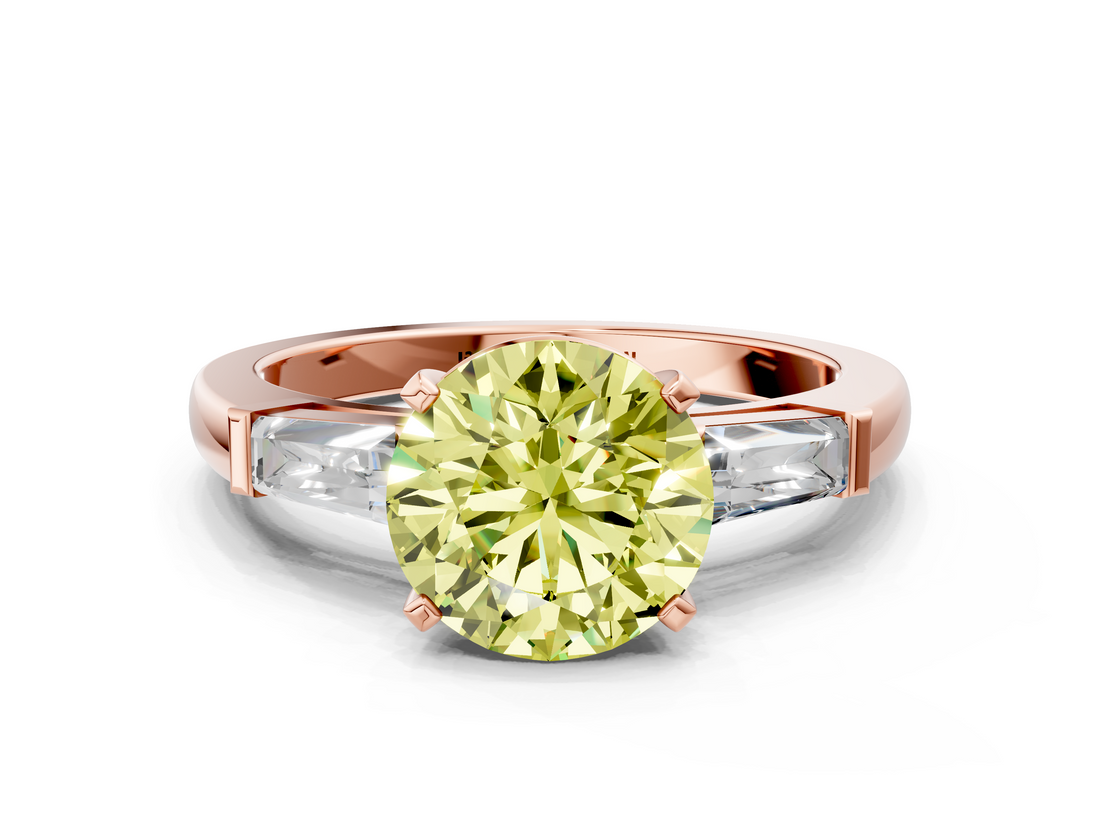 Rose gold Fancy Yellow Round  Solitaire with Tapered Baguette Side Stones on a Classic Band with Four-Prong Setting