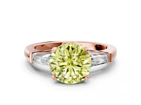 Rose gold Fancy Yellow Round  Solitaire with Tapered Baguette Side Stones on a Classic Band with Four-Prong Setting
