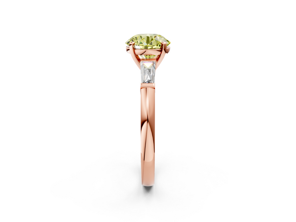 Rose gold Fancy Yellow Round  Solitaire with Tapered Baguette Side Stones on a Classic Band with Four-Prong Setting