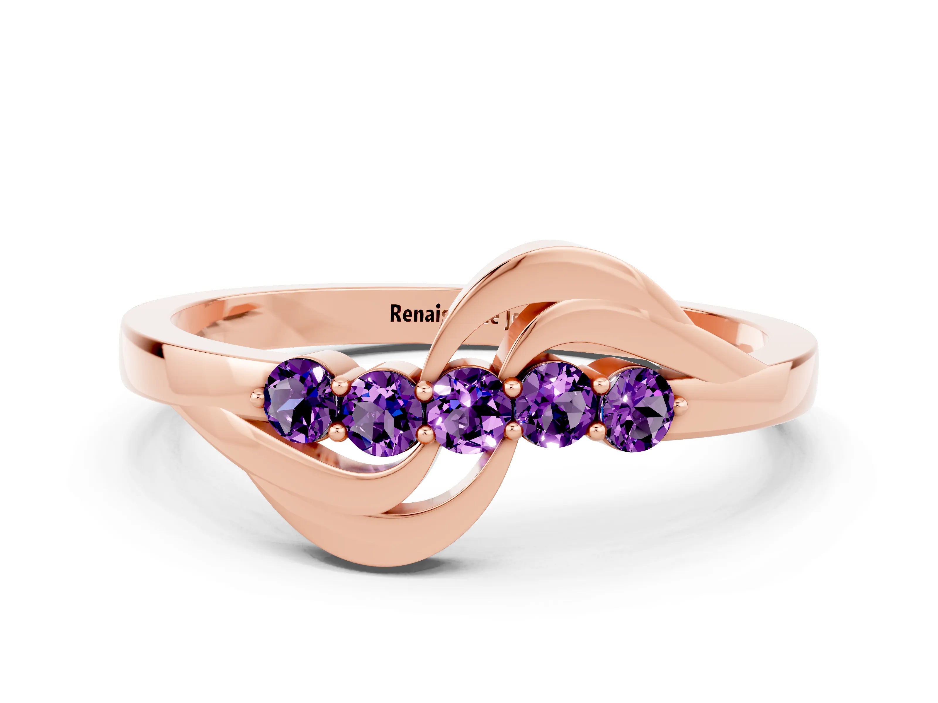 Rose gold Five-Stone Round Amethyst Crossover Band with Prong Setting_18