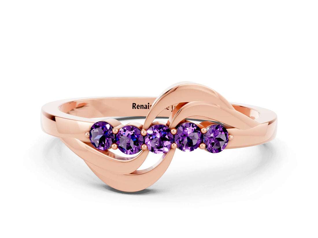 Rose gold Five-Stone Round Amethyst Crossover Band with Prong Setting_18