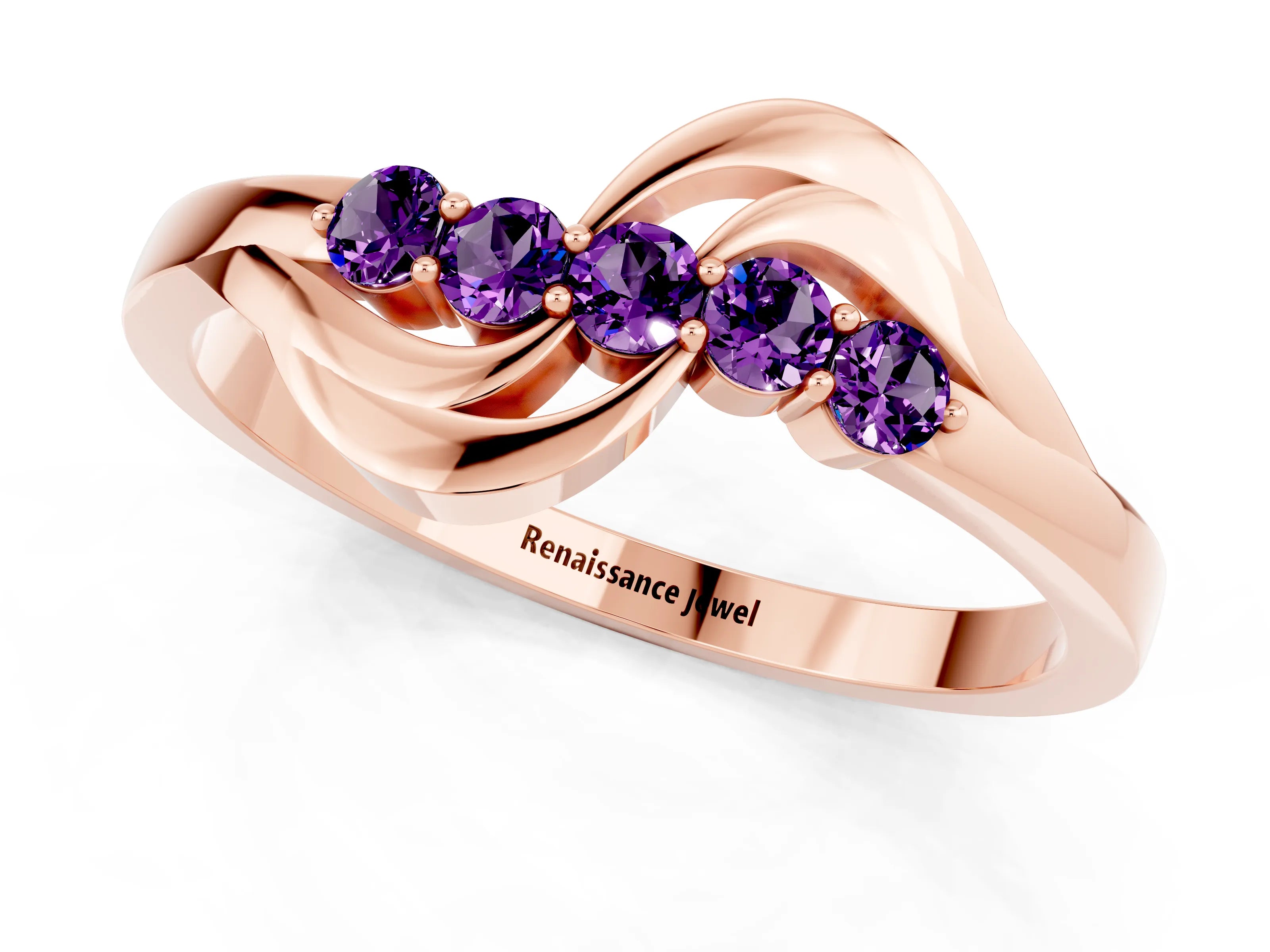 Rose gold Five-Stone Round Amethyst Crossover Band with Prong Setting_19