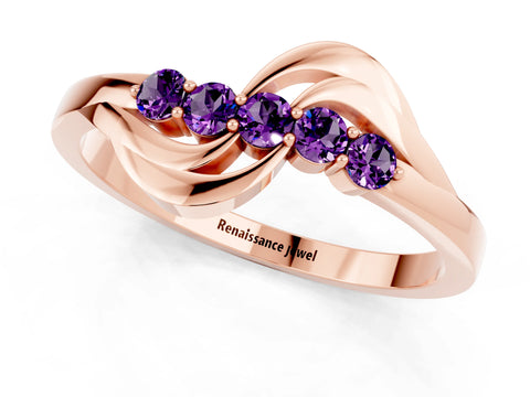 Rose gold Five-Stone Round Amethyst Crossover Band with Prong Setting_19