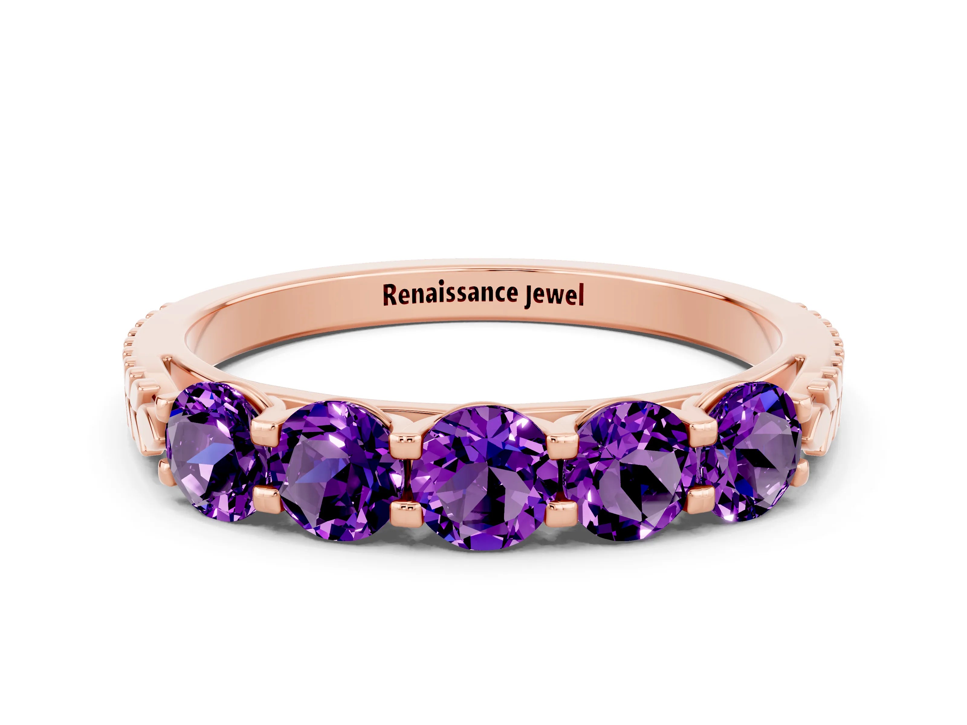 Rose gold Five-Stone Round Amethyst Prong-Set Band_18