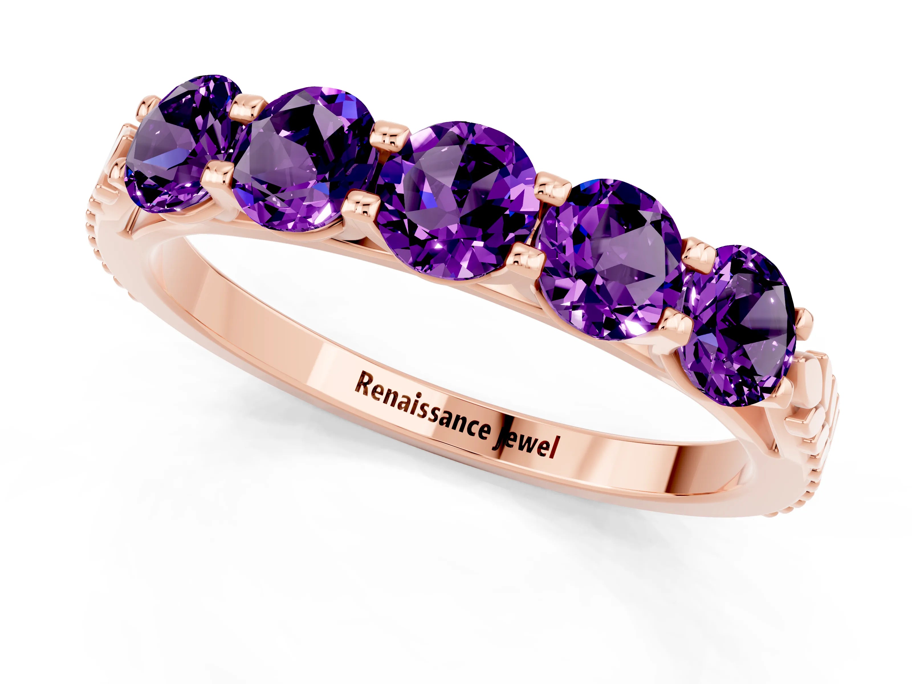 Rose gold Five-Stone Round Amethyst Prong-Set Band_19