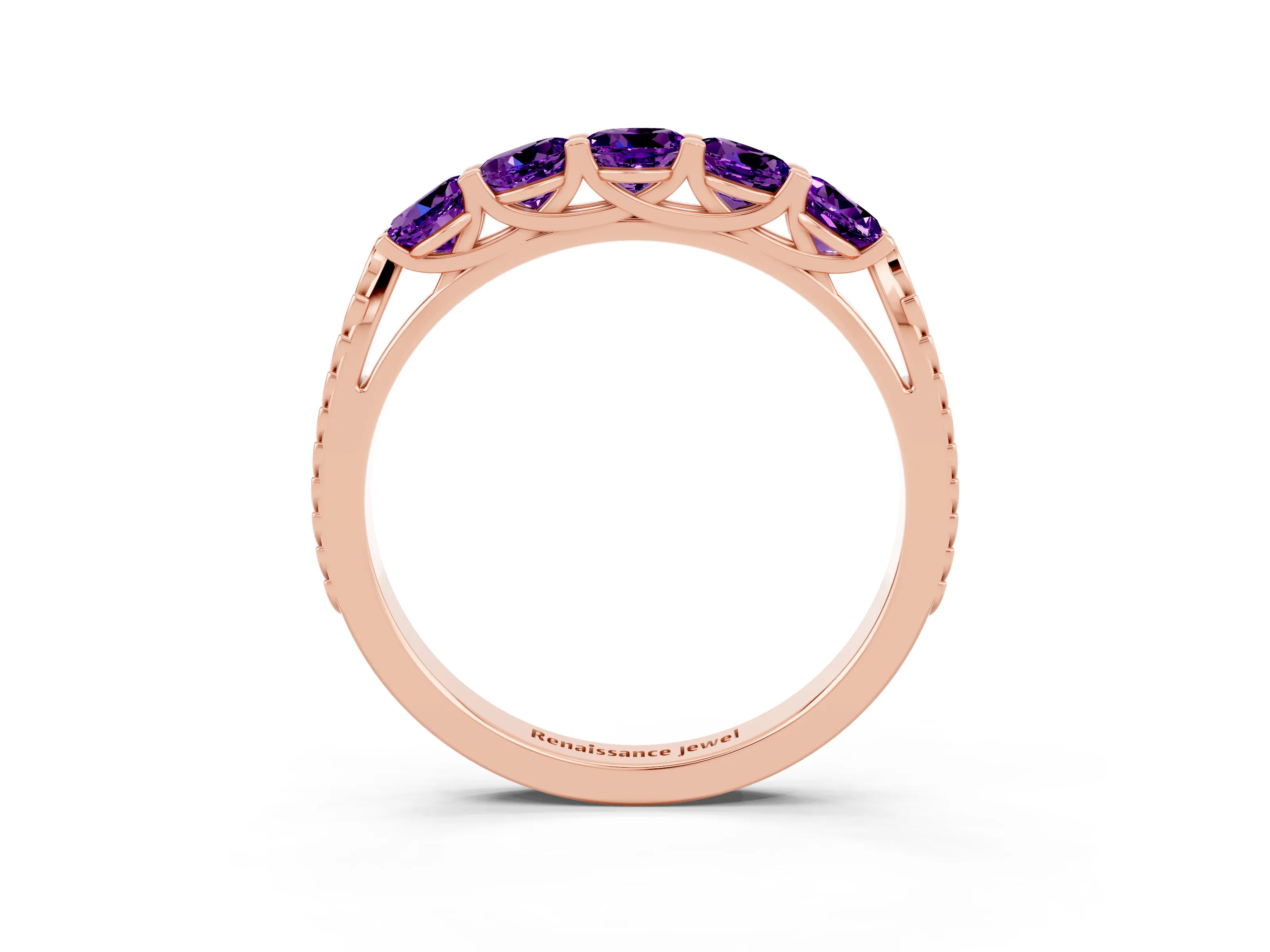 Rose gold Five-Stone Round Amethyst Prong-Set Band_21