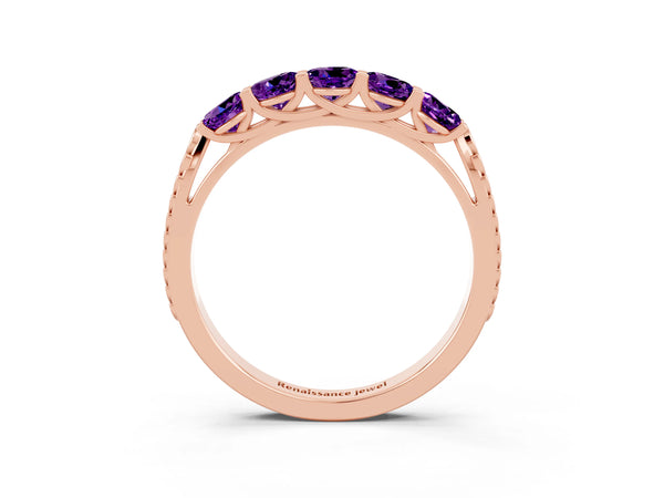 Rose gold Five-Stone Round Amethyst Prong-Set Band