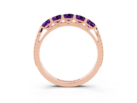Rose gold Five-Stone Round Amethyst Prong-Set Band_21
