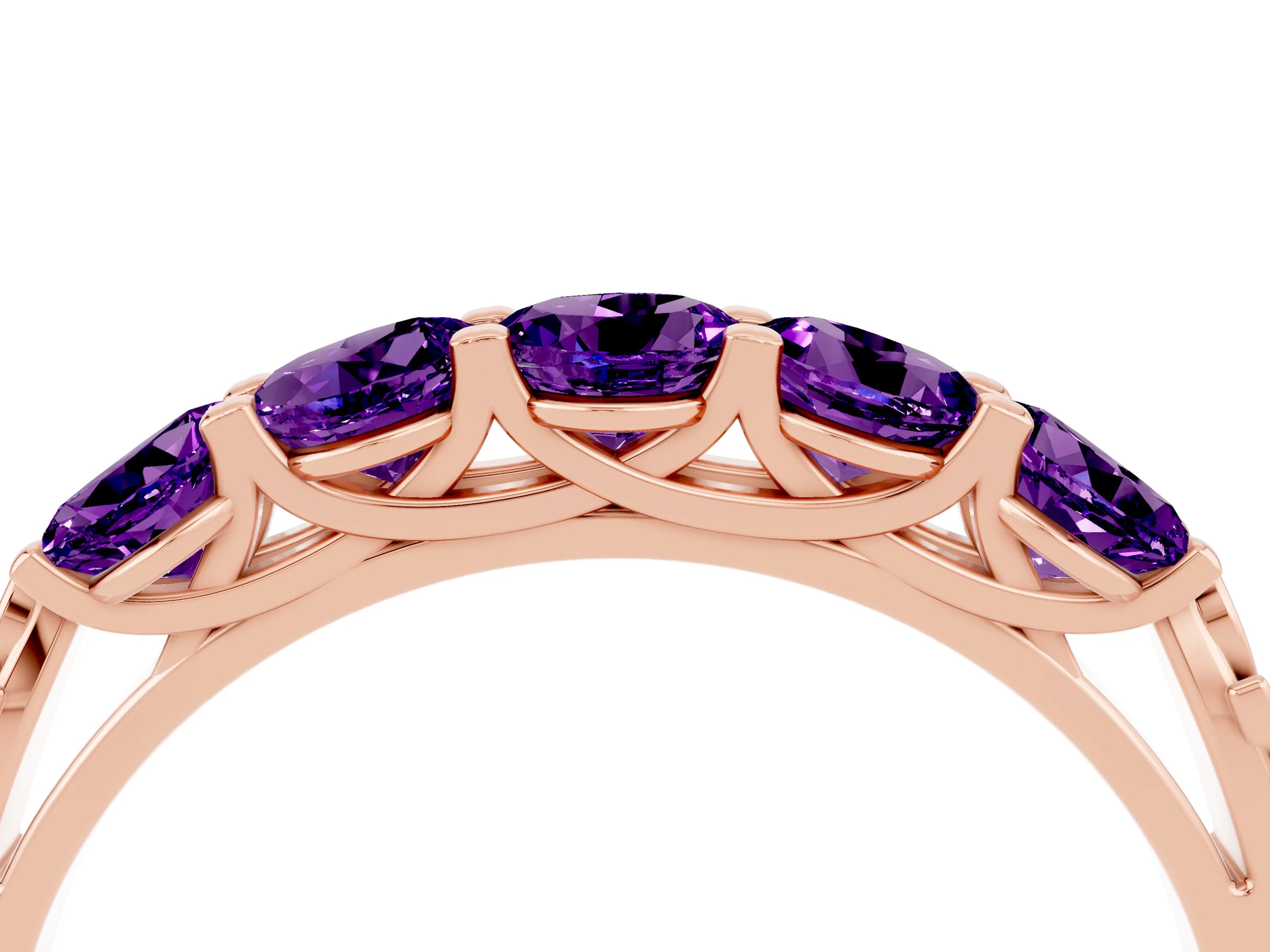 Rose gold Five-Stone Round Amethyst Prong-Set Band_22