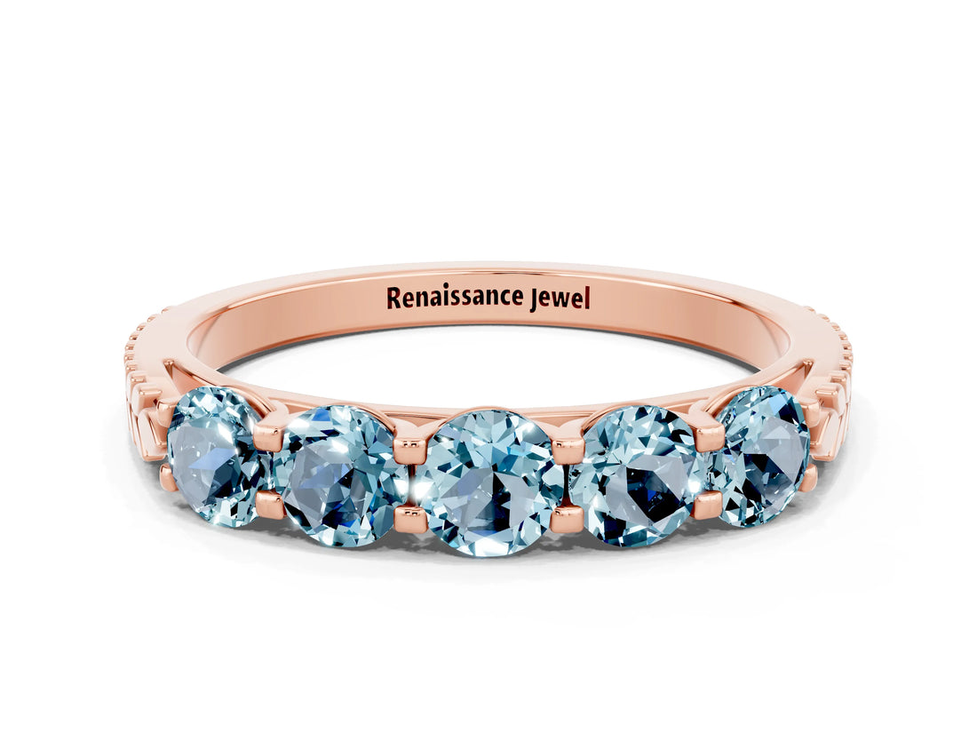 Rose gold Five-Stone Round Aquamarine Prong-Set Band_18