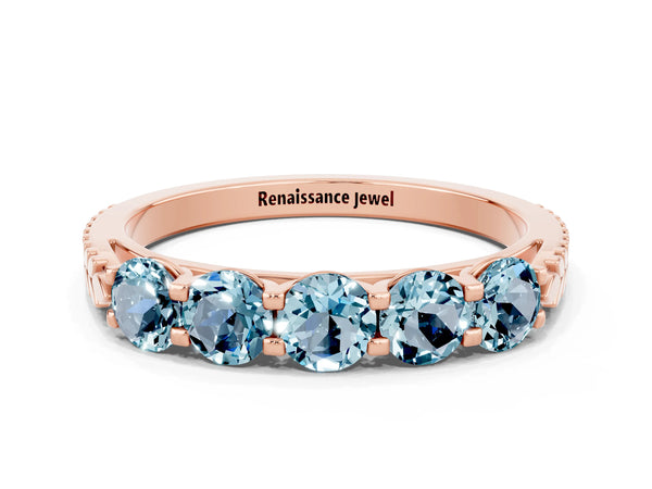 Rose gold Five-Stone Round Aquamarine Prong-Set Band