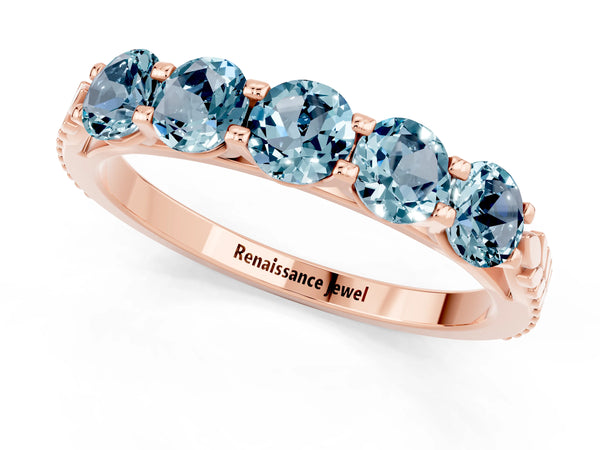 Rose gold Five-Stone Round Aquamarine Prong-Set Band
