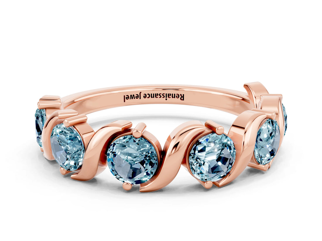 Rose gold Five-Stone Round Aquamarine Wave Band with Shared Prong Setting_6