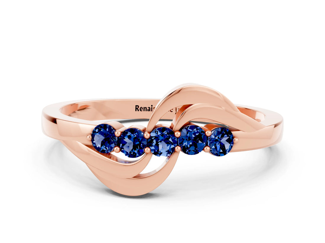 Rose gold Five-Stone Round Blue Sapphire Crossover Band with Prong Setting_18