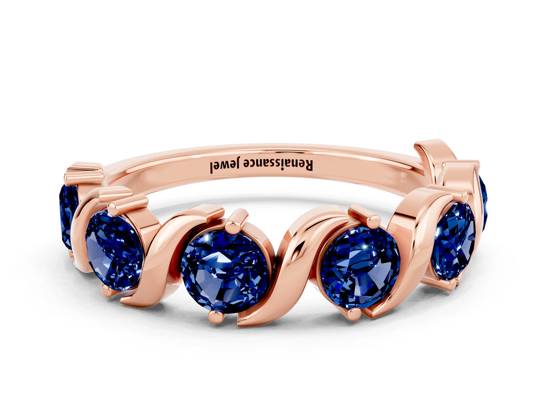 Rose gold Five-Stone Round Blue Sapphire Wave Band with Shared Prong Setting_6