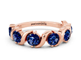 Rose gold Five-Stone Round Blue Sapphire Wave Band with Shared Prong Setting_6