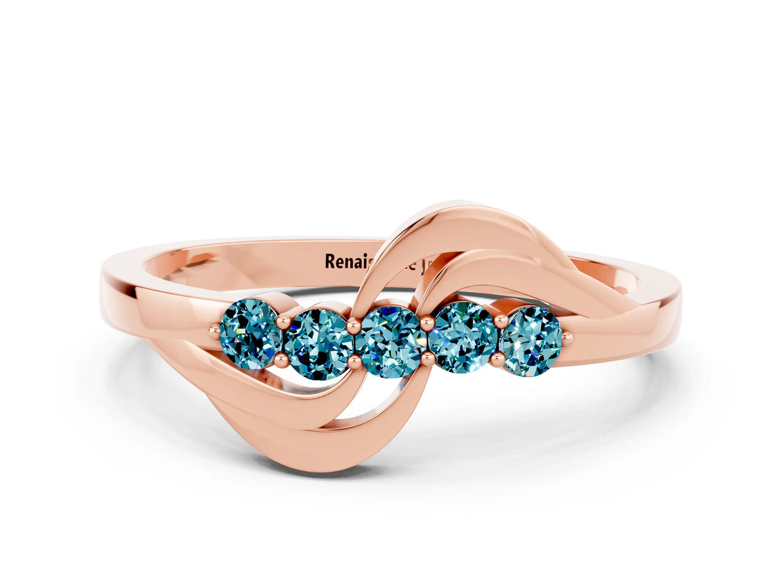 Rose gold Five-Stone Round Blue Topaz Crossover Band with Prong Setting_18