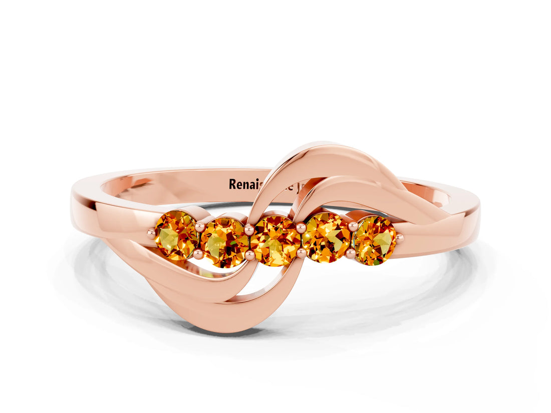 Rose gold Five-Stone Round Citrine Crossover Band with Prong Setting_18