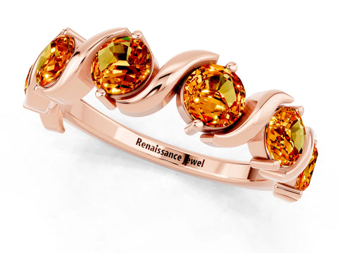 Rose gold Five-Stone Round Citrine Wave Band with Shared Prong Setting_7