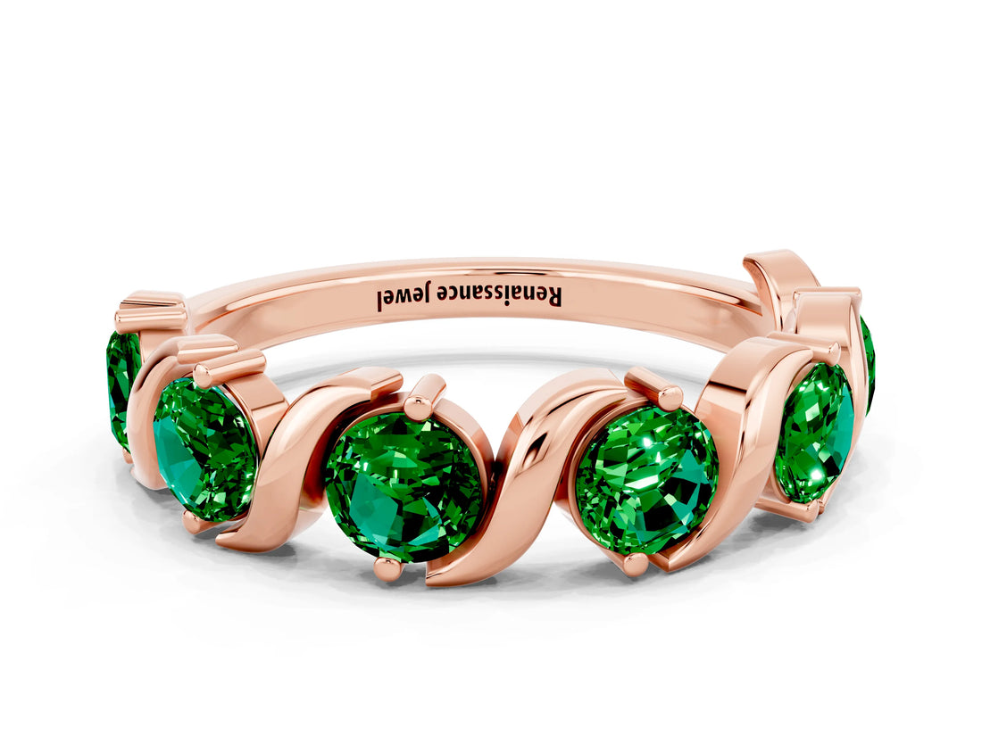 Rose gold Five-Stone Round Emerald Wave Band with Shared Prong Setting_6