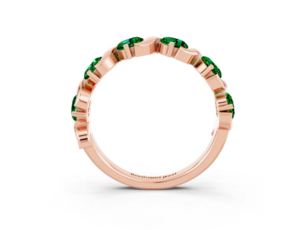 Rose Gold Round Lab-Grown Emerald Six Stone Wave Wedding Band with S-Curve Swirls