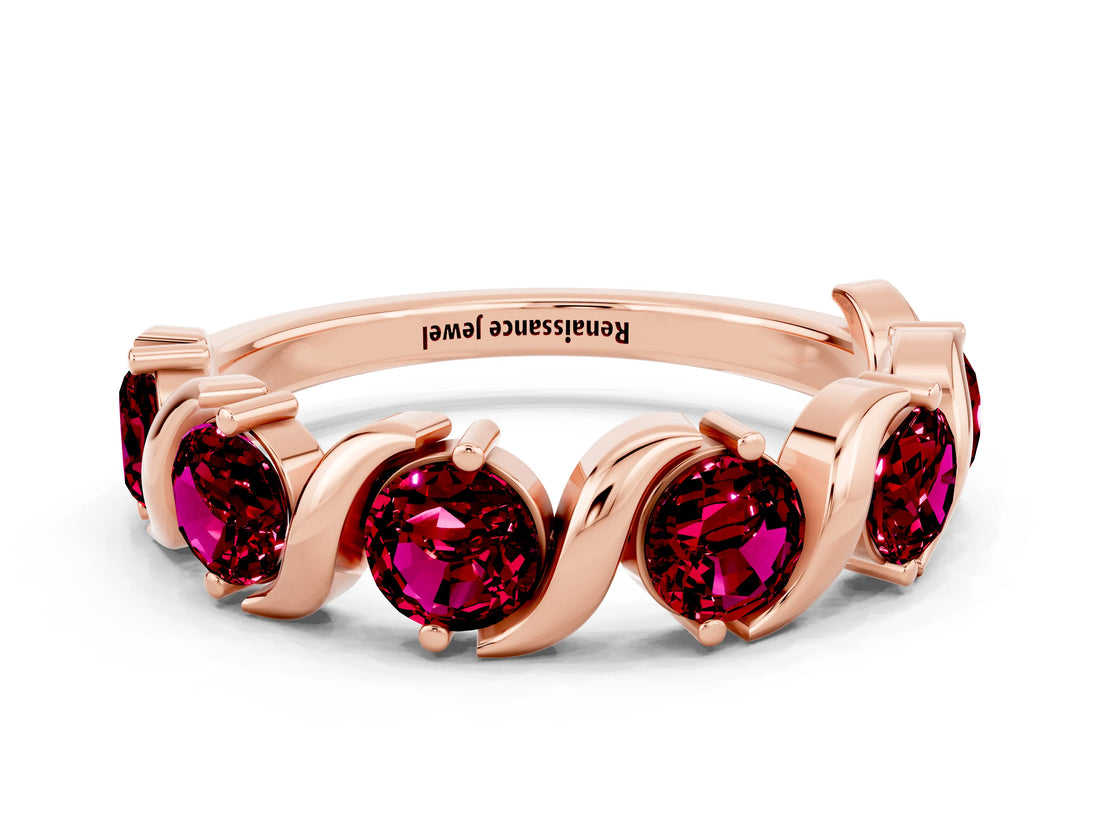 Rose gold Five-Stone Round Garnet Wave Band with Shared Prong Setting_6