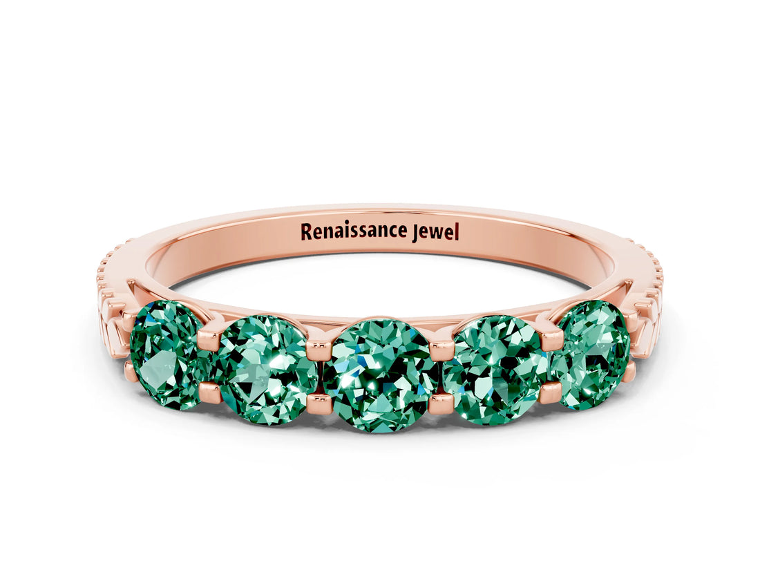 Rose gold Five-Stone Round Green Sapphire Prong-Set Band_18