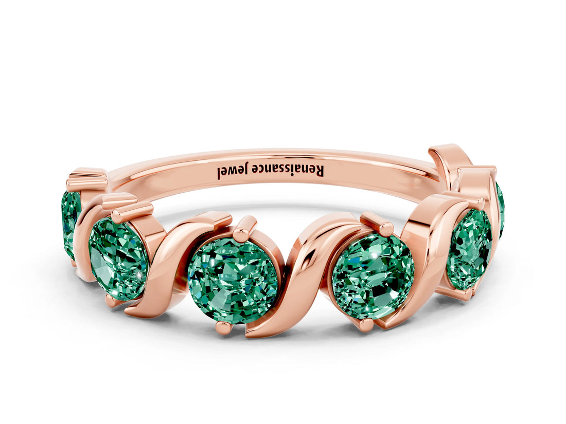 Rose gold Five-Stone Round Green Sapphire Wave Band with Shared Prong Setting_6