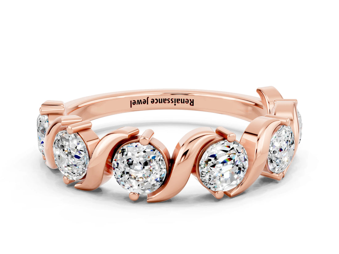 Rose gold Five-Stone Round Moissanite Wave Band with Shared Prong Setting_6