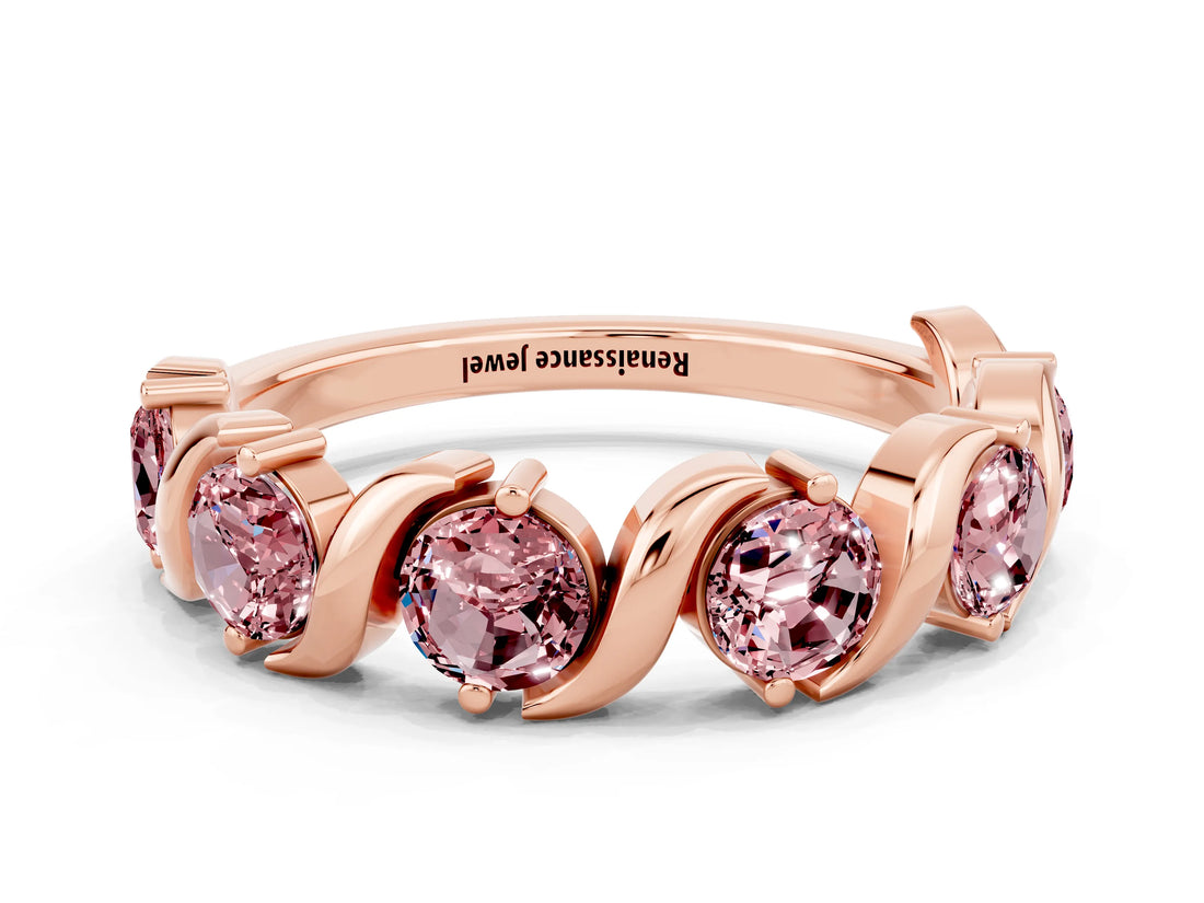 Rose gold Five-Stone Round Morganite Wave Band with Shared Prong Setting_6