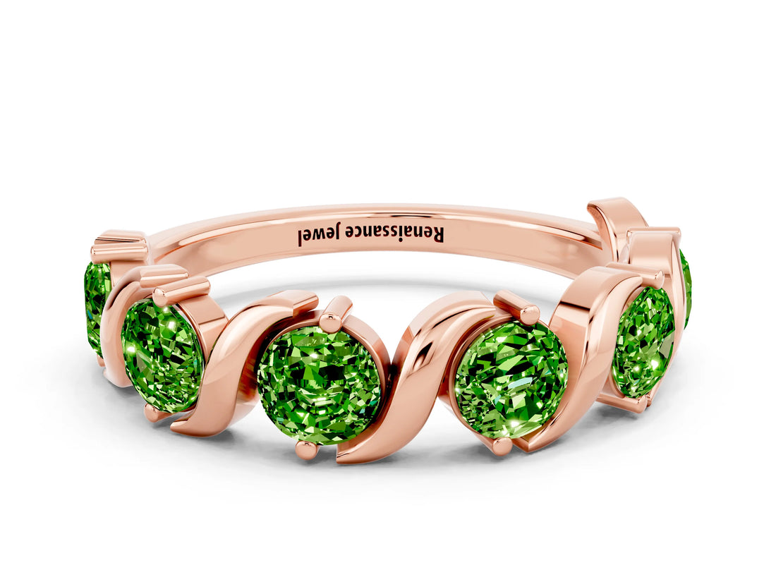 Rose gold Five-Stone Round Peridot Wave Band with Shared Prong Setting_6