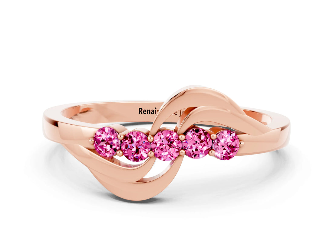 Rose gold Five-Stone Round Pink Sapphire Crossover Band with Prong Setting_18