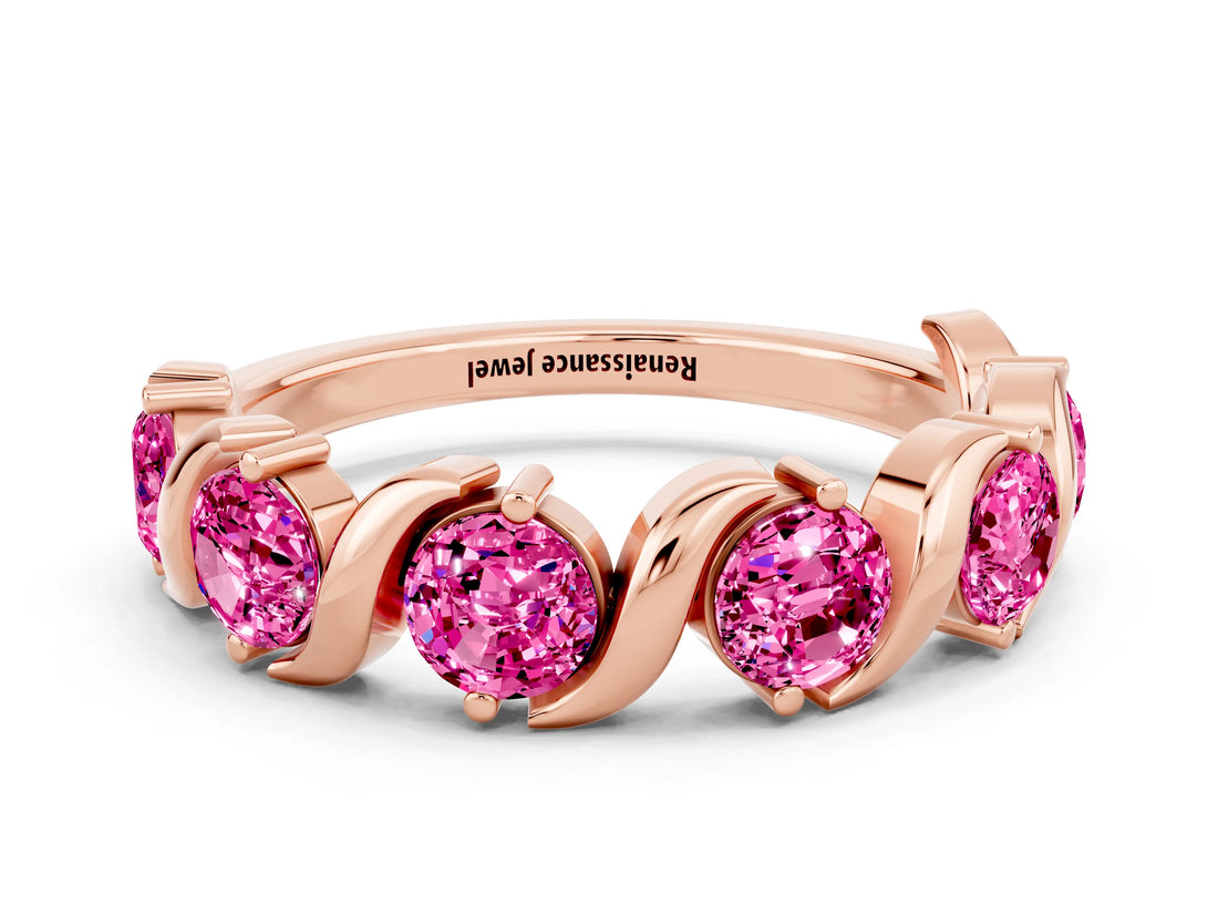 Rose gold Five-Stone Round Pink Sapphire Wave Band with Shared Prong Setting_6