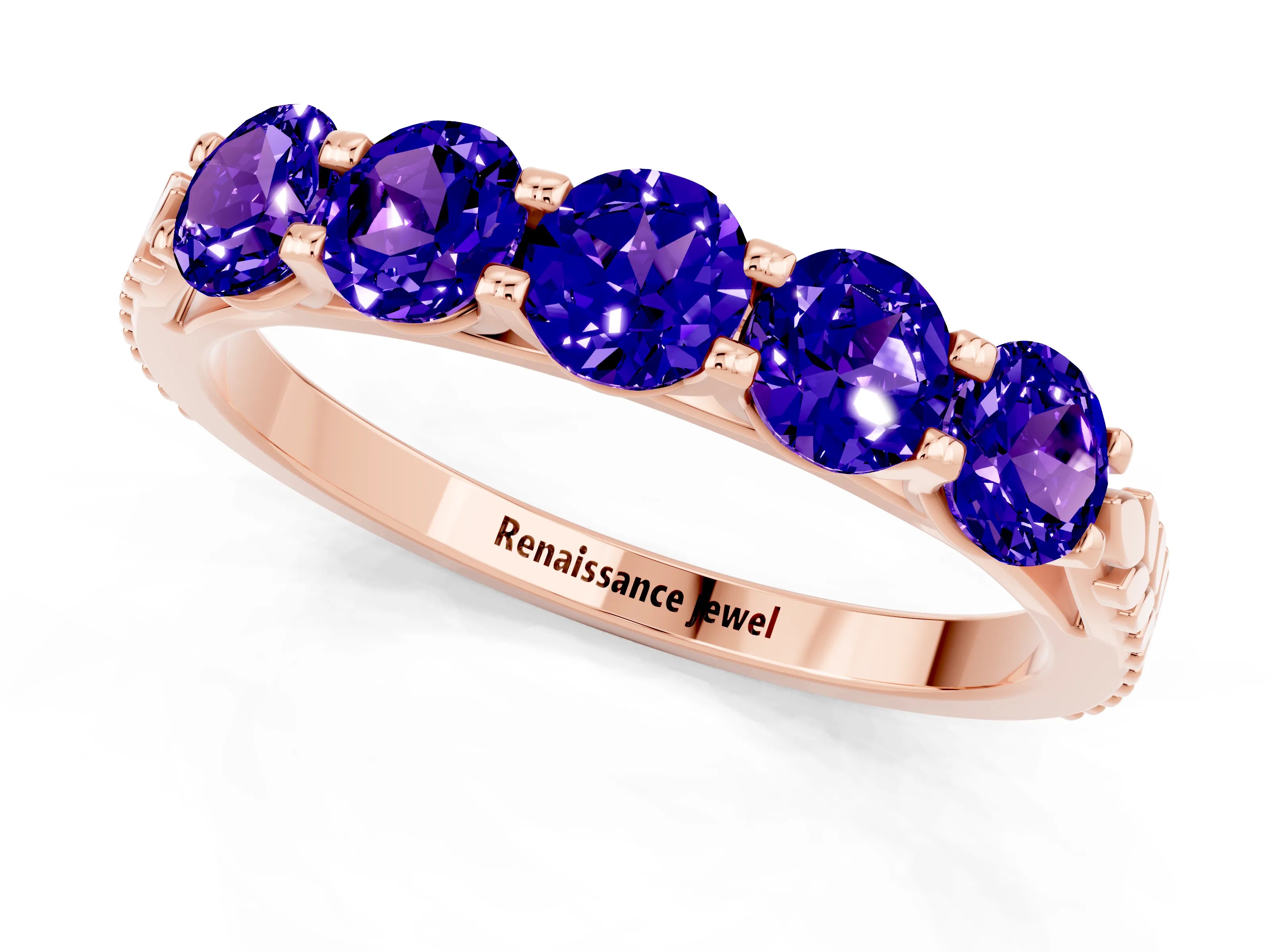 Rose gold Five-Stone Round Tanzanite Prong-Set Band_19