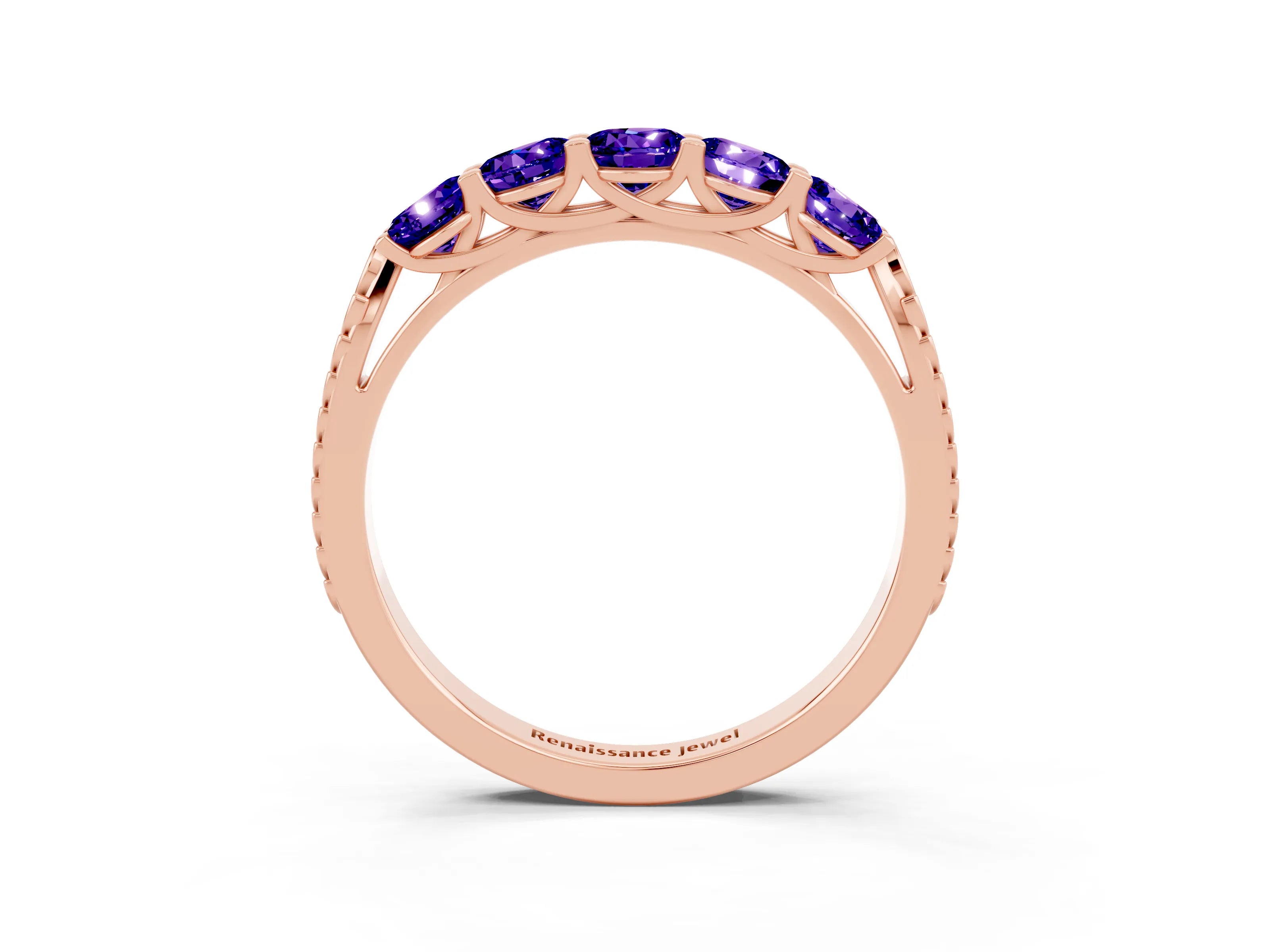 Rose gold Five-Stone Round Tanzanite Prong-Set Band_21
