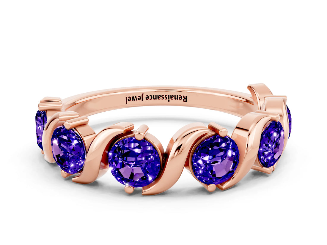 Rose gold Five-Stone Round Tanzanite Wave Band with Shared Prong Setting_6