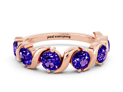 Rose gold Five-Stone Round Tanzanite Wave Band with Shared Prong Setting_6