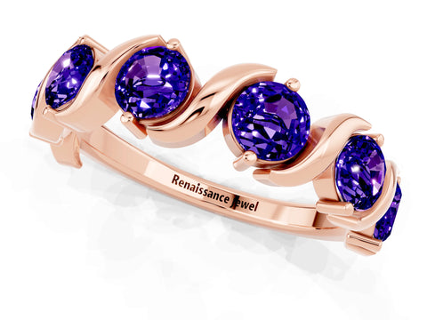Rose gold Five-Stone Round Tanzanite Wave Band with Shared Prong Setting_7