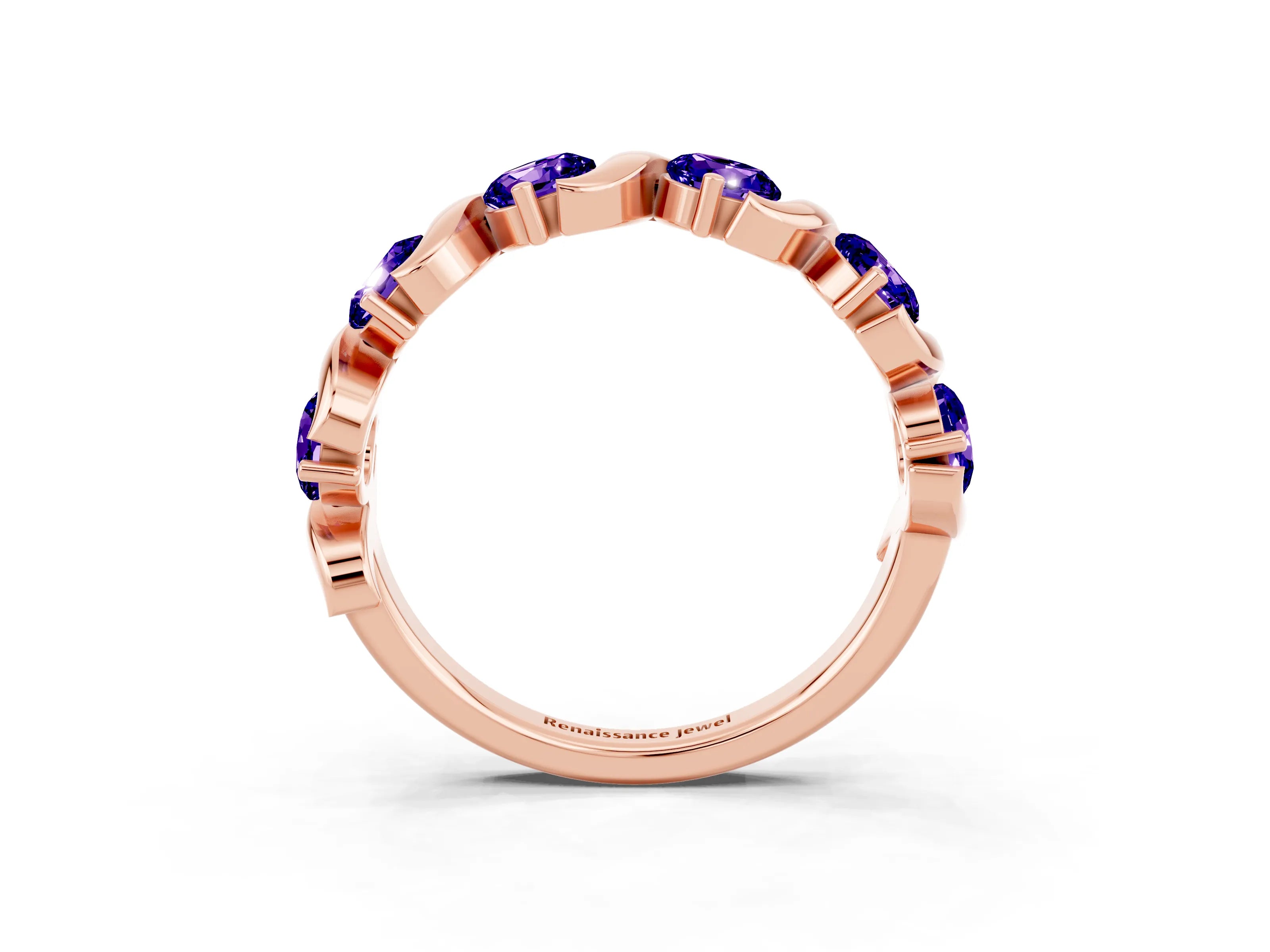Rose gold Five-Stone Round Tanzanite Wave Band with Shared Prong Setting_9