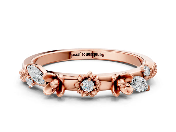 Rose gold Floral Diamond Band with Round and Marquise Stones, White Gold, Prong Setting