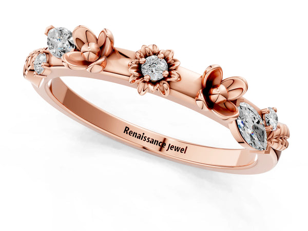 Rose gold Floral Diamond Band with Round and Marquise Stones, White Gold, Prong Setting