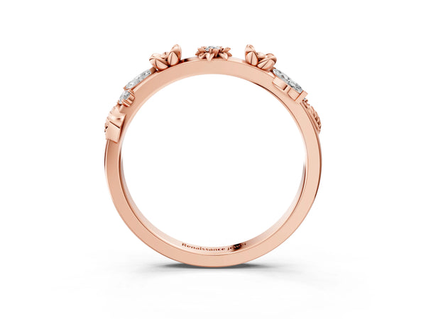 Rose gold Floral Diamond Band with Round and Marquise Stones, White Gold, Prong Setting