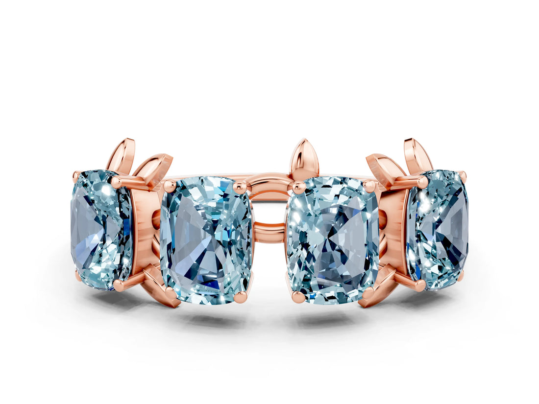 Rose gold Four-Stone Elongated Cushion Aquamarine Band with Nature-Inspired Prong Setting_10