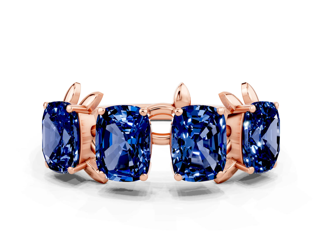 Rose gold Four-Stone Elongated Cushion Blue Sapphire Band with Nature-Inspired Prong Setting_6