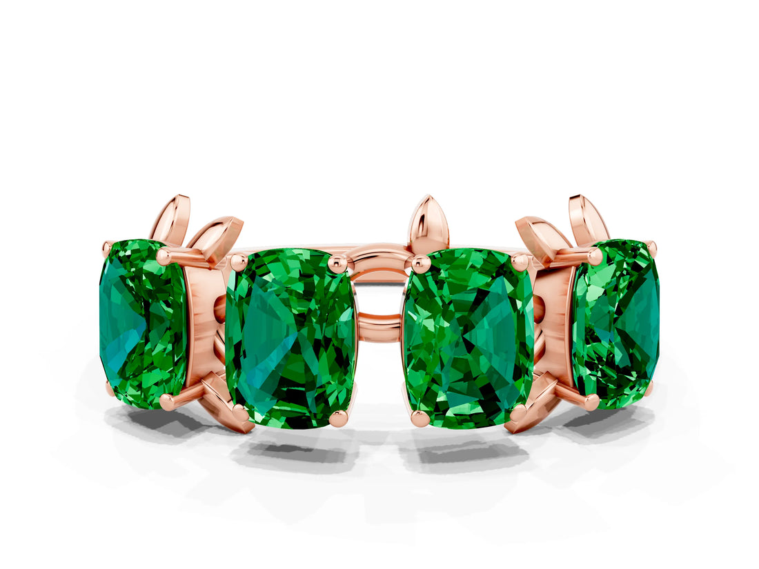 Rose gold Four-Stone Elongated Cushion Emerald Band with Nature-Inspired Prong Setting_6