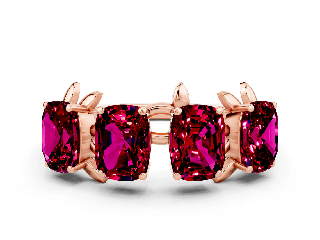 Rose gold Four-Stone Elongated Cushion Garnet Band with Nature-Inspired Prong Setting_6