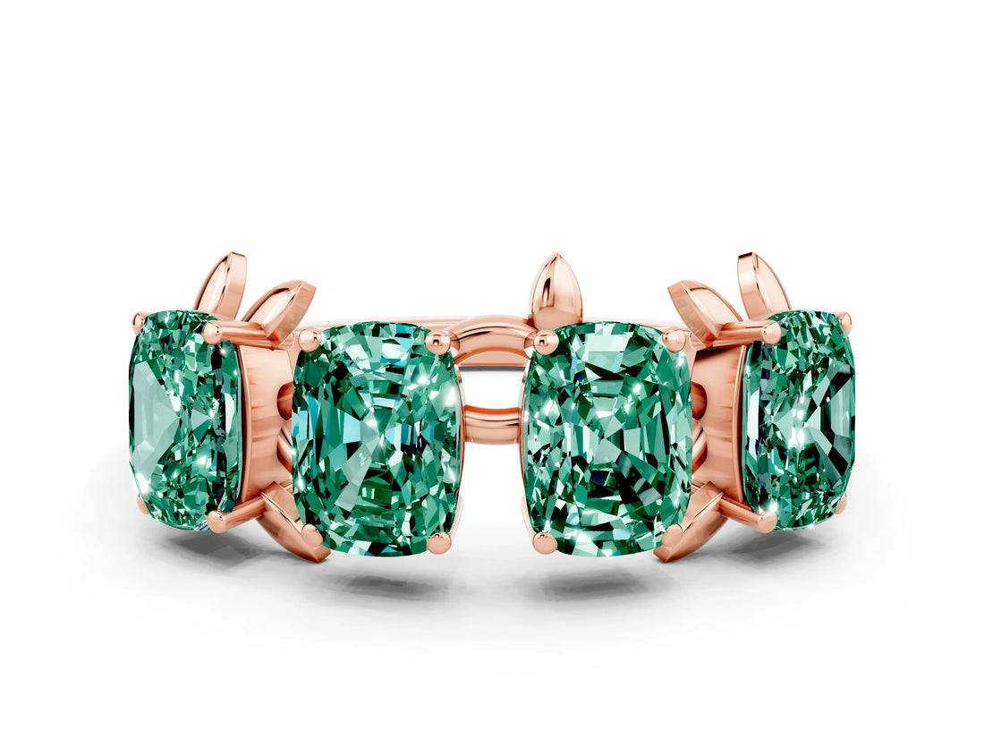 Rose gold Four-Stone Elongated Cushion Green Sapphire Band with Nature-Inspired Prong Setting_6