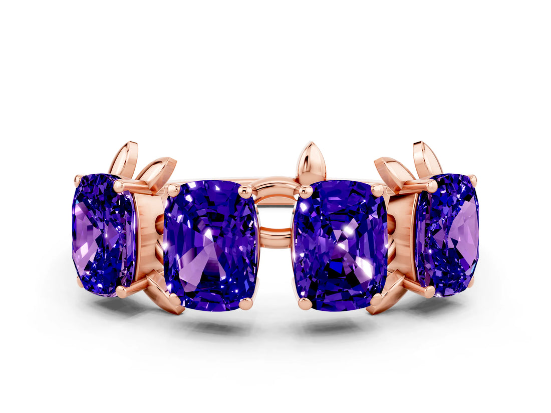Rose gold Four-Stone Elongated Cushion Tanzanite Band with Nature-Inspired Prong Setting_6